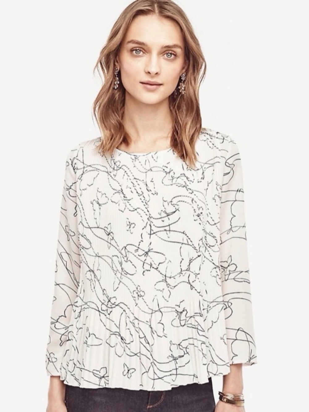 Ann Taylor White Blouse with Navy Floral Line Print